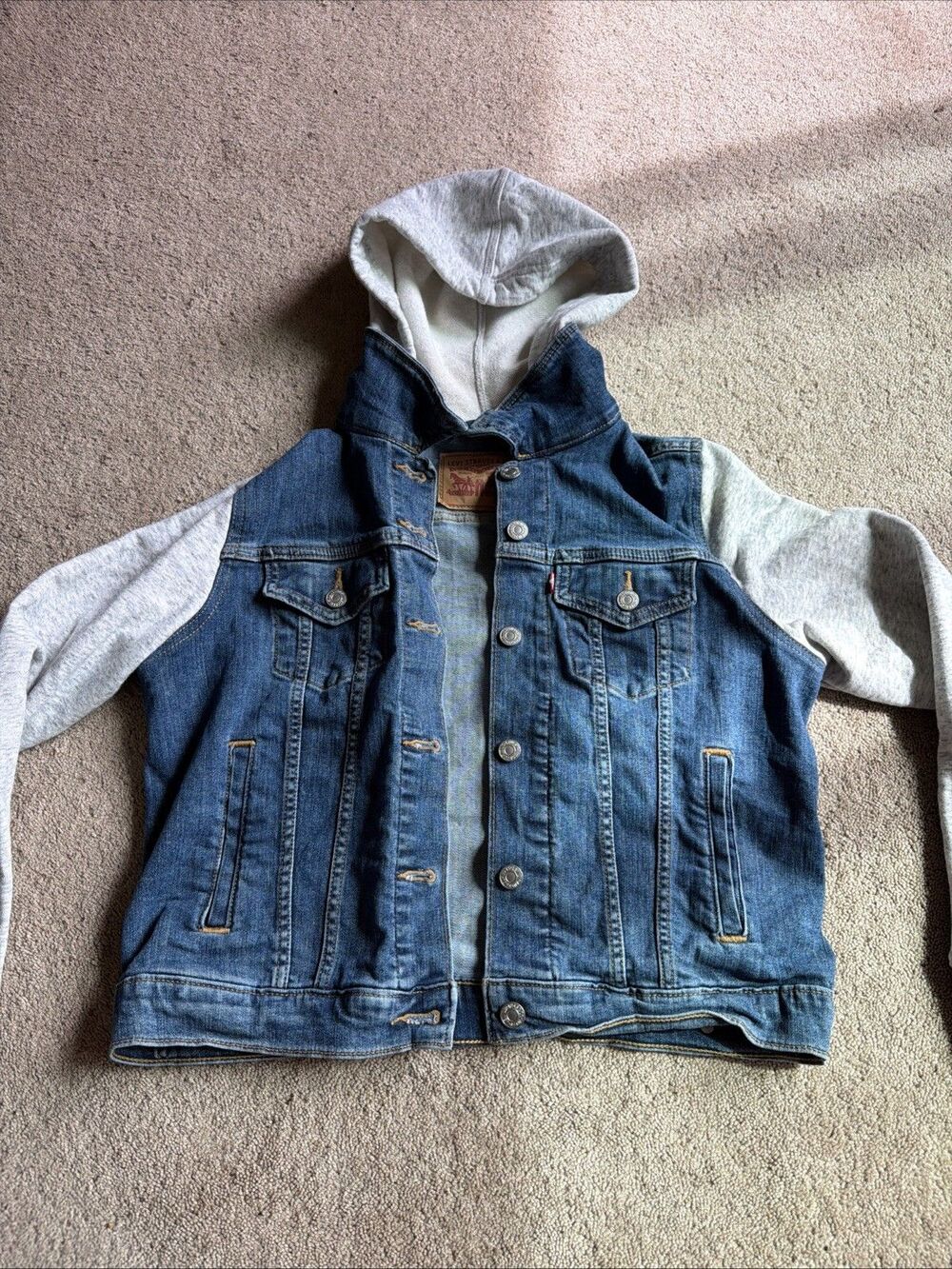Levi's Hybrid Trucker Sweatshirt Hoodie Girls Size L Blue Denim Gray Jacket